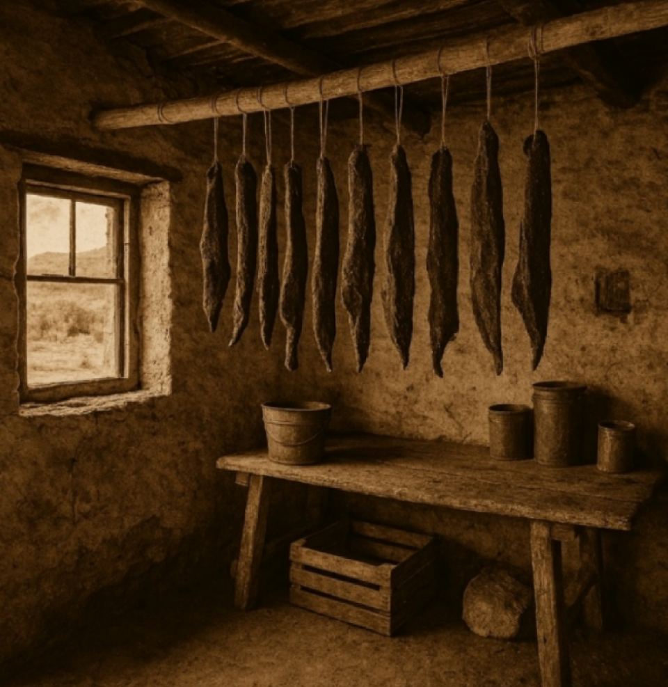 A traditional indoor biltong‑drying setup used in the Klein Karoo