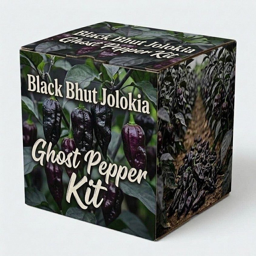 Black Bhut Jolokia Ghost Pepper Kit packaging box displaying dark purple and black peppers growing on leafy vines.
