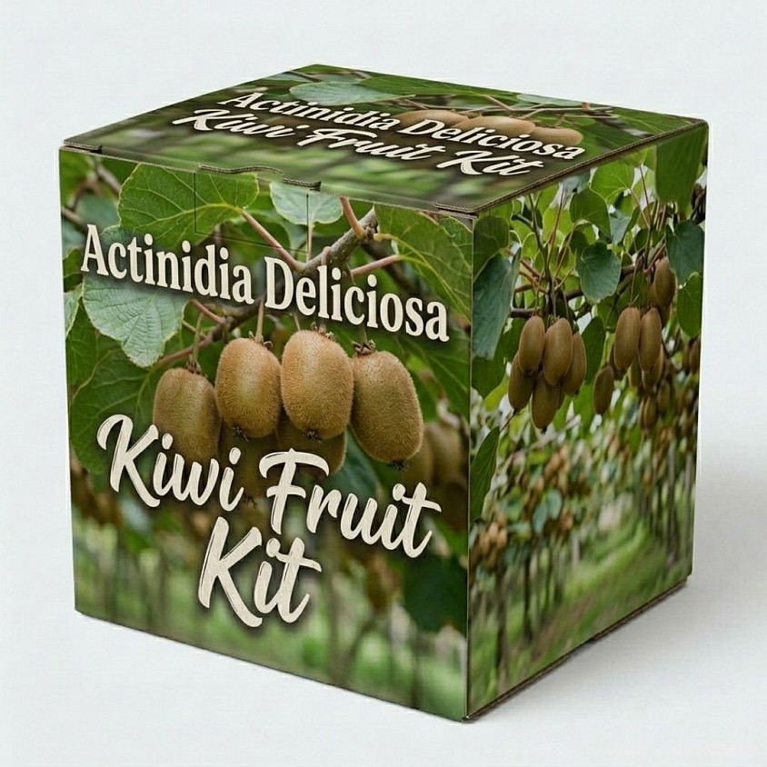 Actinidia Deliciosa Kiwi Fruit Kit packaging box showing fresh kiwis growing on green orchard vines.