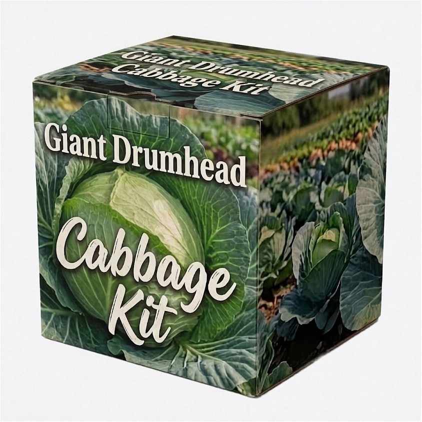 Giant Drumhead Cabbage Kit packaging box displaying fresh green cabbage heads growing in a garden row.