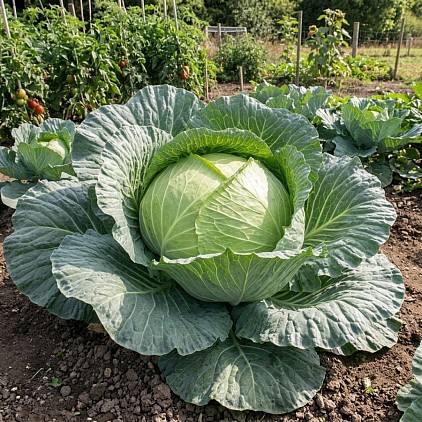 Giant Drumhead Cabbage Planted in a Garden.