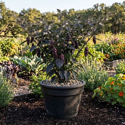 Black Bhut Jolokia Plant in a Pot.
