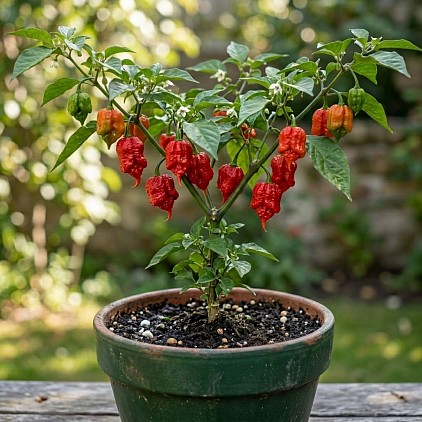 Carolina Reaper Pepper Plant in a Pot.