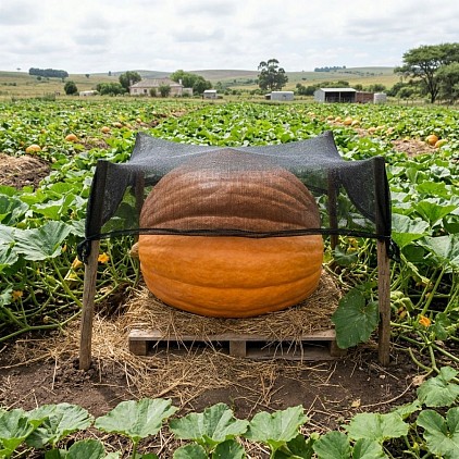 Atlantic Giant Pumpkin under a net.