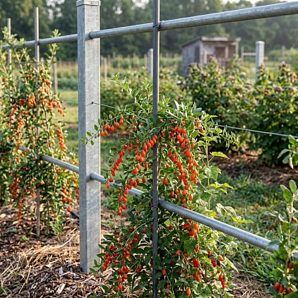 Goji Berry plant growing on a fence.