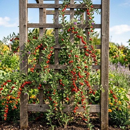 Goji Berry plant growing on a trellis.