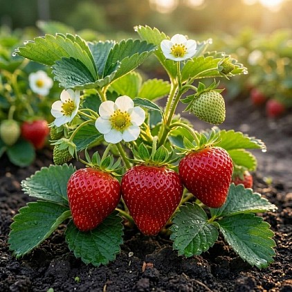 Strawberry plant growing in the sun.
